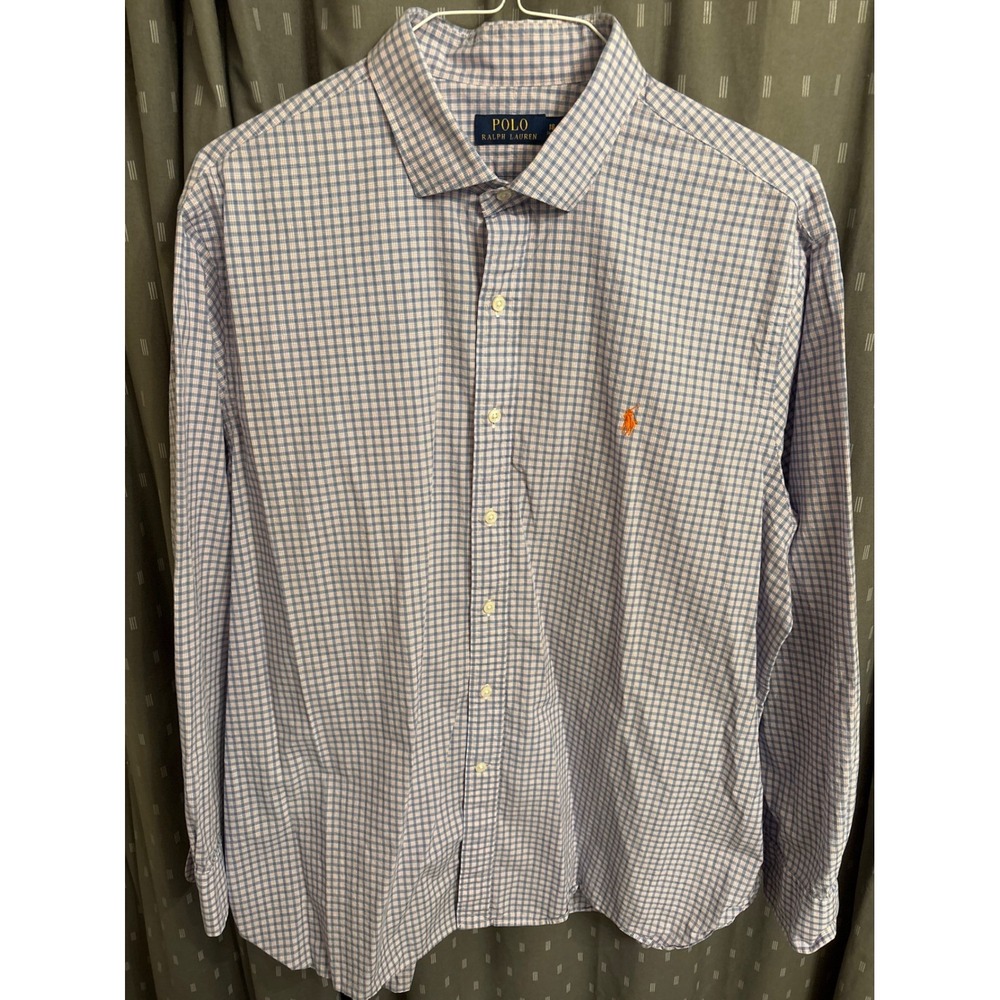Polo Ralph Lauren Mens Blue Orange Tattersall Check Button Down Shirt 18/34-35
